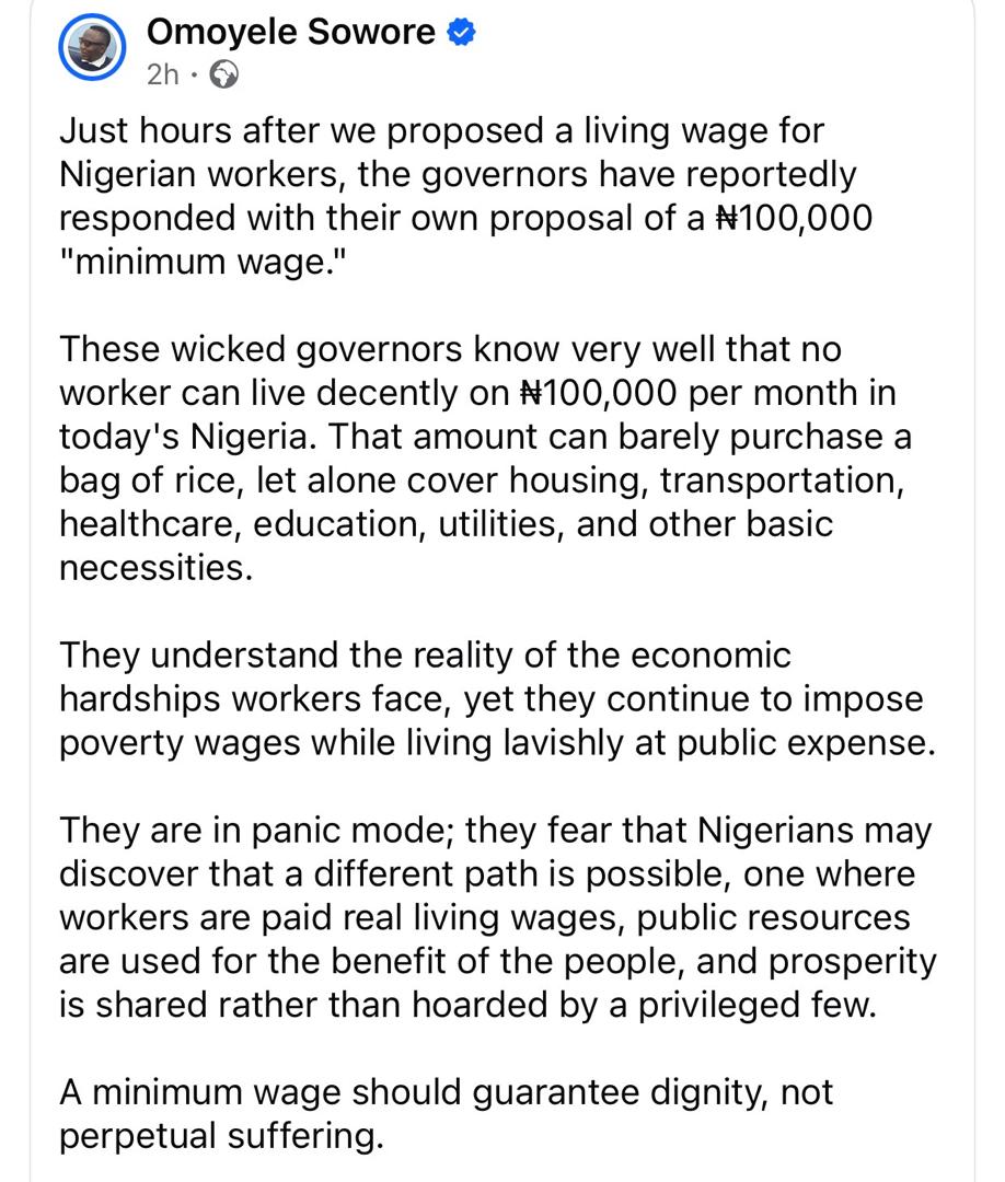 No worker can live decently on N100,000 per month in today’s Nigeria- Sowore